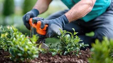 Obraz premium In this image, a gardener uses an electric trimmer to shape garden bushes, highlighting the attention to detail and dedication needed to maintain orderly and aesthetically pleasing outdoor spaces.