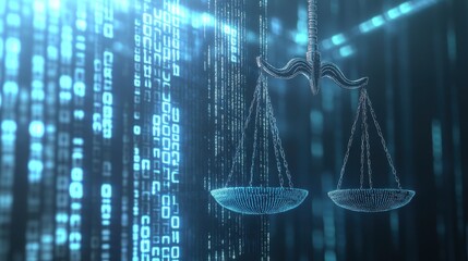 Tech-focused legal balance on data center background