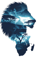The map of Africa in a shape of a lion head with a blue african characteristic landscape art as a background image