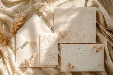 Minimalist wedding invitation suite with delicate floral motifs on semi-toned paper texture.