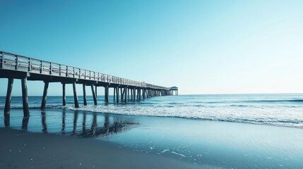 Obraz premium Myrtle Beach pier stretching out into the ocean, with calm waves and a clear horizon, ideal for coastal and travel themes