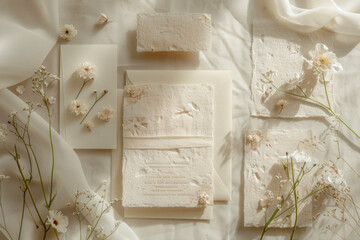 Minimalist wedding invitation suite with delicate floral motifs on semi-toned paper texture.