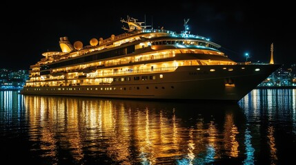 Elegant cruise ship illuminated at night, with reflections on the water, creating a luxurious, serene atmosphere