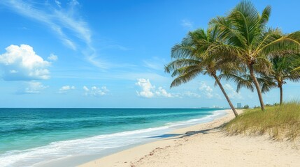 Obraz premium Palm-lined Florida beach with a gentle ocean breeze, clear blue water, and soft sand, creating a relaxing coastal setting