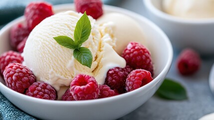 A perfect scoop of vanilla ice cream is attractively garnished with ripe raspberries and topped with a fresh mint leaf, served in a white bowl, creating an enticing and mouth-watering dessert.