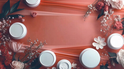 Skincare Cream Containers and Flowers on Coral Background with Copy Space