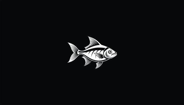recommend clip art: Ember Tetra Logo, Minimalist Vector Design, Bright Orange-Red Fish, White Outline, Black Background