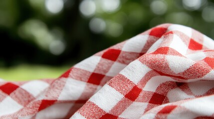 A detailed close-up photograph of a red and white checkered fabric with a blurred green nature background, capturing the texture and pattern of the textile in a vivid manner.