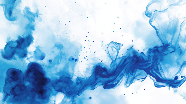 abstract blue and white ink storm artwork, abstract illustration of blue ink flowing on white paper, creating an abstract design with fluid shapes and splashes of color