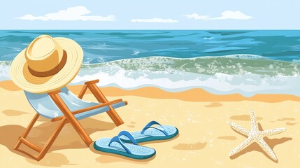 Simple beach clipart featuring a sun hat, flip-flops, and a beach chair on the sand, ideal for vacation-themed graphics