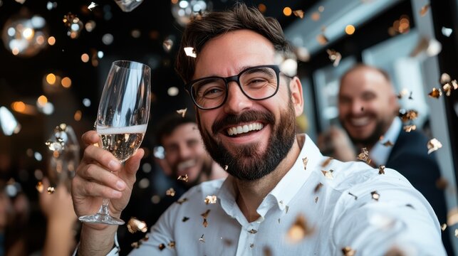 Bearded man in white shirt and eyeglasses raising a glass of champagne, celebrating amidst falling golden confetti with smiling people in the background. - Powered by Adobe