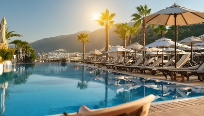 Enjoying a vacation at a resort. Hotel pool surrounded by hammocks and palm trees to rest and relax.