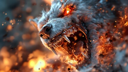 Obraz premium A fierce, fiery wolf with glowing eyes and sharp fangs, surrounded by burning embers, portraying an intense and menacing presence in a chaotic, infernal setting.