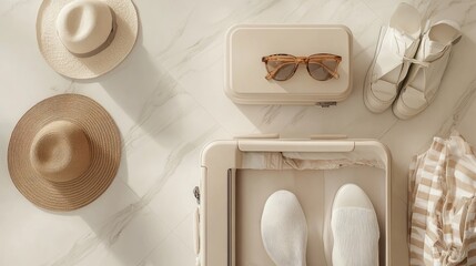 Organized packing scene with a suitcase and travel essentials like shoes, hats, and sunglasses, set against a clean background, perfect for packing tips