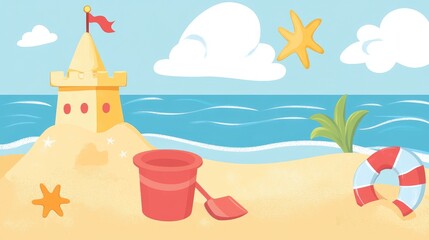 Playful beach clipart with a sandcastle, bucket, and shovel, perfect for creating cheerful, child-friendly designs