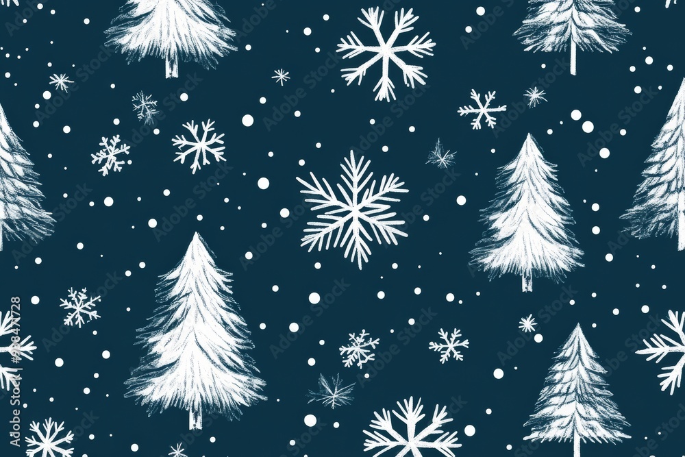 Wall mural the pattern depicts a blue and white christmas tree with snowflakes