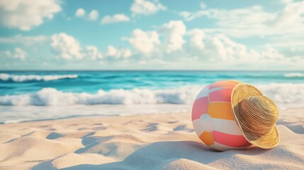 Obraz premium Playful beach setting with a bikini, beach ball, and sun hat on the sand, waves in the background, capturing the essence of a fun beach day