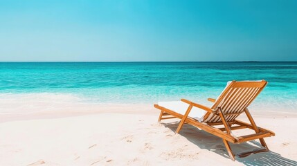 Fototapeta premium Bikini draped over a sun lounger on a sandy beach, with the ocean and clear sky in the background, perfect for promoting summer vacations