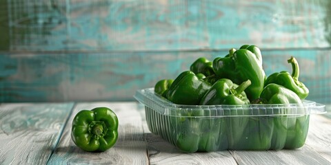 Fresh green bell peppers stored in a plastic container on a light wooden surface - Vegetable collection
