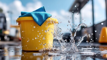 A yellow bucket filled with water stands on a wet pavement, with splashes indicating recent movement, evoking themes of cleaning, refreshment, and activity.