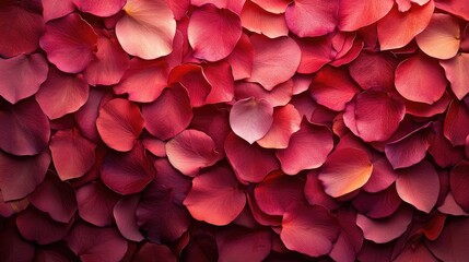 Obraz premium A background of overlapping flower petals in various shades of red and pink, creating a rich, lush texture.