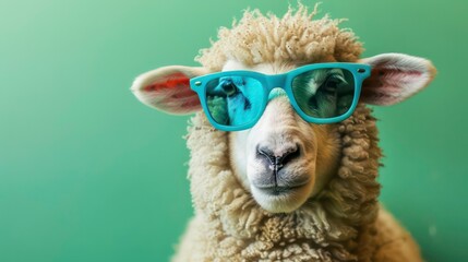 Fototapeta premium A sheep wearing blue sunglasses against a green background.