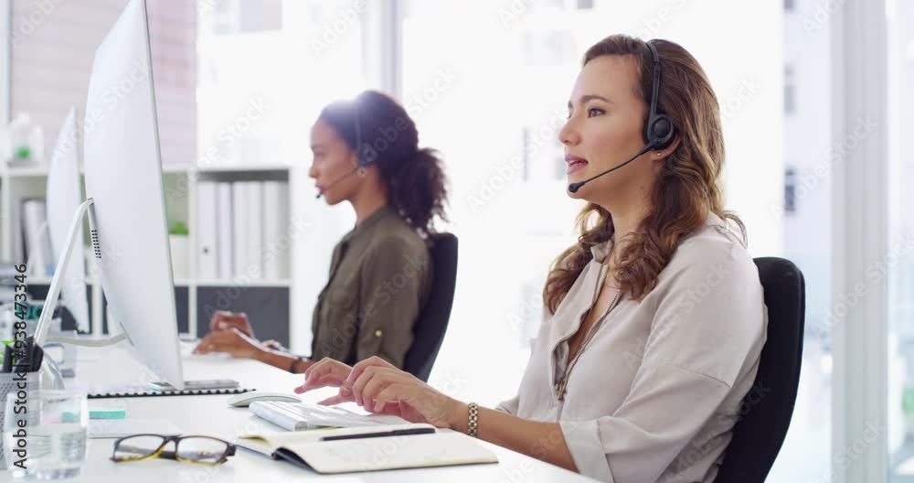 Aufkleber Computer, face or virtual assistant consulting in call center talking or networking online in a telecom office. Smile, happy woman or sales agent in communication or conversation at customer services