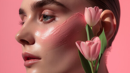 Close-Up of Woman with Pink Tulip and Skincare Mask on Cheek