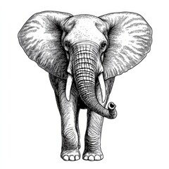 The elephant appears to be walking through a field while raising its trunk in black and white