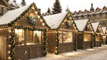 Fototapeta premium Christmas Market Stalls Covered in Snow with Festive Lights, Winter Wonderland