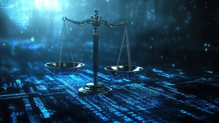 Modern law symbolism with scales on server backdrop