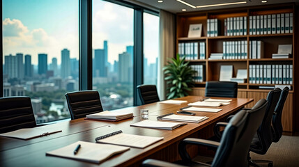 A sleek conference room features a long wooden table surrounded by black leather chairs, with cityscape views through large windows, illuminated by daylight