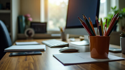 Sunlight streams through a window onto a wooden desk cluttered with stationery, a computer, and vibrant colored pencils in a cup, creating a warm and inviting workspace