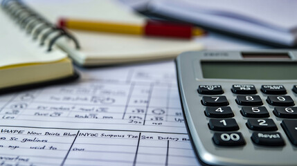 A calculator rests on a desk amid a collection of notes and paperwork. A notebook, pen, and additional documents are scattered, suggesting financial analysis in progress