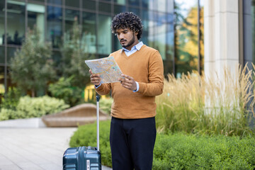 Fototapeta premium Businessman stands outdoors holding map, preparing for city exploration. Urban setting with modern office background. Professional attire suggests business travel mood in vibrant city environment.