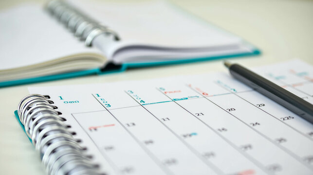 An organized desk features a calendar planner displaying important dates and deadlines alongside an open notebook ready for new notes and ideas