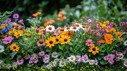 Fototapeta premium A beautifully arranged garden bed of mixed flowers, providing a lively background with space for text.