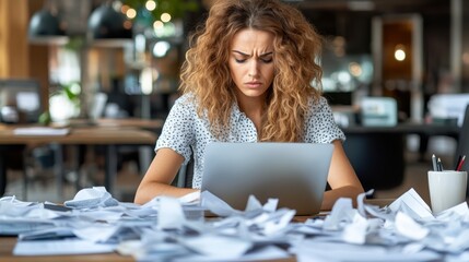 A young woman focuses intensely on her laptop while surrounded by scattered papers, illustrating the high demands and pressures of work in a modern environment.