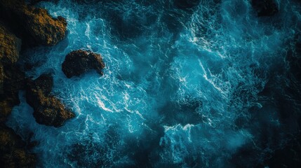 A birdâ€™s-eye view of ocean waves breaking on a rocky shoreline, with the contrast between the dark rocks and bright water creating a dramatic scene.