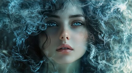 Fototapeta premium A woman's face with wisps of smoke around her.