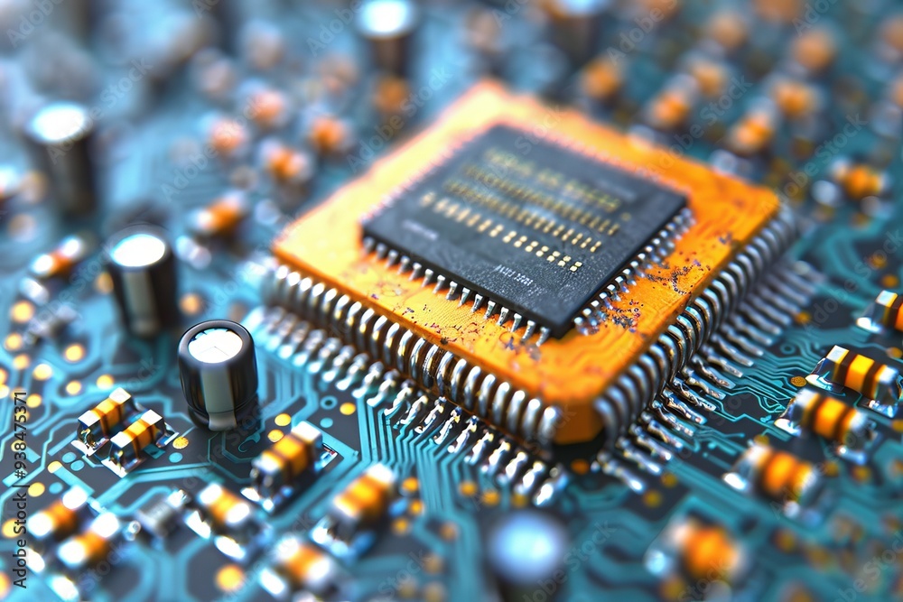 Poster a detailed view of a microprocessor surrounded by colorful circuit elements on a circuit board.