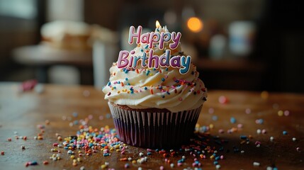 A birthday cupcake with rainbow sprinkles and "Happy Birthday" text in playful font. Ample copy space for personalized text.