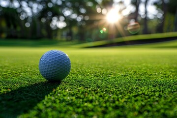 Obraz premium A golf ball sits on lush green grass as the sun sets in the background, creating a serene atmosphere on the course.