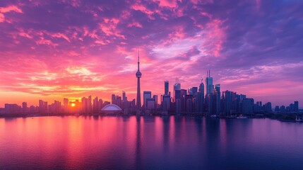 Fototapeta premium A dramatic sunrise over a city skyline, with the first light of day casting long shadows and the sky glowing in vibrant hues.