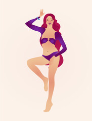 Stylized Woman in Vibrant Bikini with Joyful Expression, woman wearing purple lingerie, posing, standing, arms raised, red hair, digital art, minimalist, flat colors