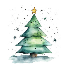 Watercolor Christmas Tree with Golden Star and Snowflakes on White Background