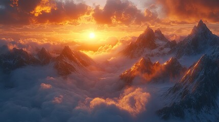 A dramatic sunrise over craggy mountain peaks, with the sun breaking through the clouds and casting long shadows across the rugged landscape.