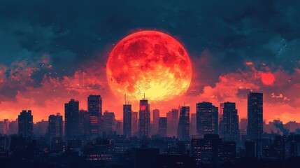 Fototapeta premium A dramatic view of a red moon rising behind a cityscape, with buildings silhouetted against the vibrant sky, perfect for city and moon-themed designs with space for text.