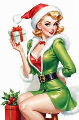 1950s-Style Retro Christmas Pin-Up: Blonde Model in Santa Hat and Green Jacket with Red Top Holding a Gift, Fun Holiday Greeting Card Illustration on White Background