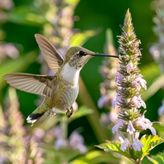 Fototapeta premium A hummingbird is skillfully hovering in front of vibrant purple flowers, showcasing its impressive agility and intricate colors in a sunlit garden.